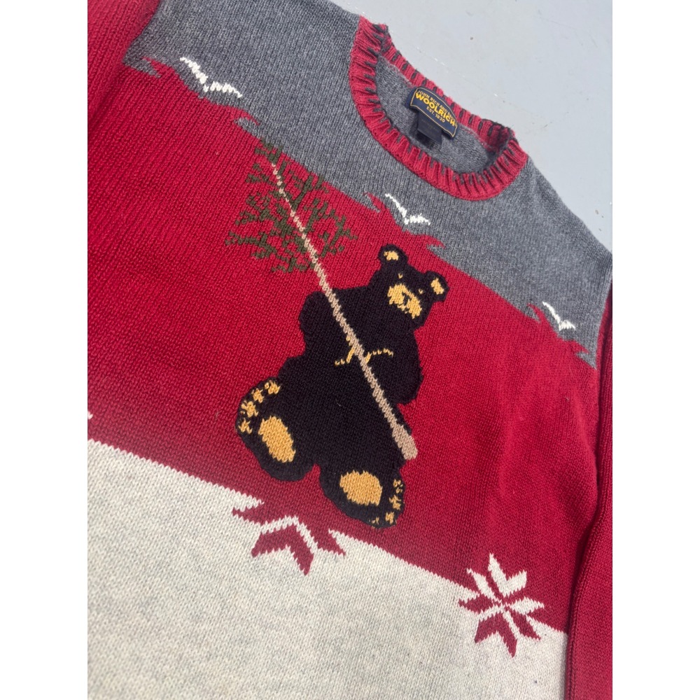 Vintage Woolrich John Rich & Bros Mens Black Bear Christmas Sweater Red Medium - Picture 2 of 6